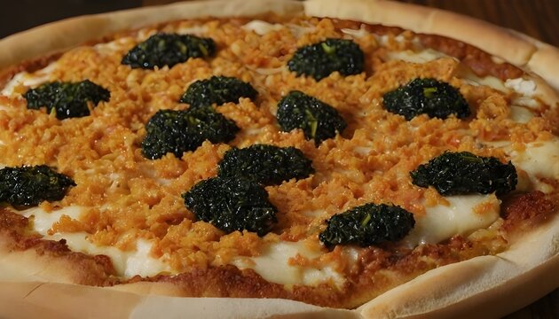 japanese-style pizza topped with mentaiko (spicy cod roe), mozzarella, and nori seaweed strips