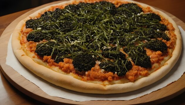 japanese-style pizza topped with mentaiko (spicy cod roe), mozzarella, and nori seaweed strips