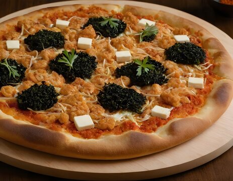 japanese-style pizza topped with mentaiko (spicy cod roe), mozzarella, and nori seaweed strips