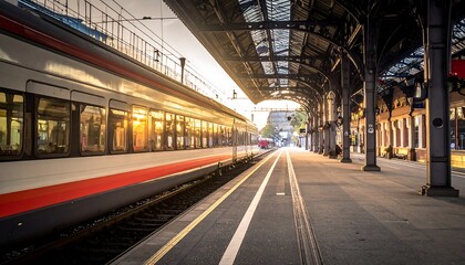 Obraz premium A train at a sunlit station platform, with overhead shelter and old brick buildings