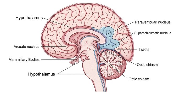 Sagittal brain illustration highlighting the hypothalamus with arcuate, paraventricular and suprachiasmatic nuclei, tracts, mammillary bodies and optic chiasm to explain central autonomic and endocrin