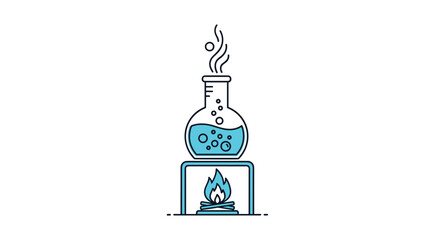 Fototapeta premium Chemistry laboratory experiment concept showing a chemical flask being heated by a burner with rising steam and bubbles for science education.