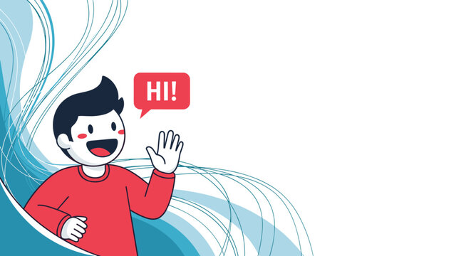 Friendly greeting and communication illustration with a cartoon character waving and saying hello in a red speech bubble for web welcome.