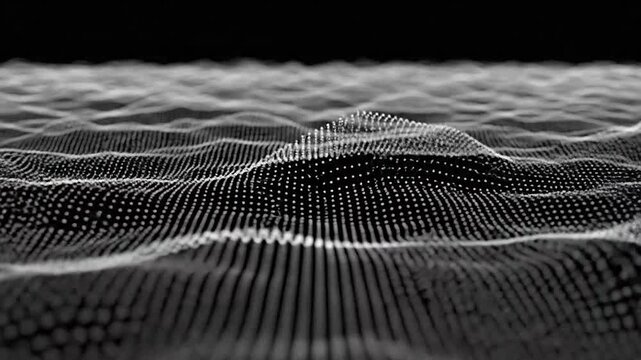 Abstract digital landscape of glowing particles in a dark void