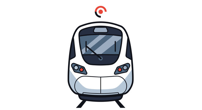 Front view of a sleek modern high speed train or metro locomotive for public transportation and urban transit concepts on a white background.