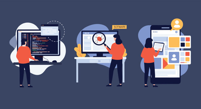 Multi panel illustration depicting software development bug testing and mobile user interface design by professionals.