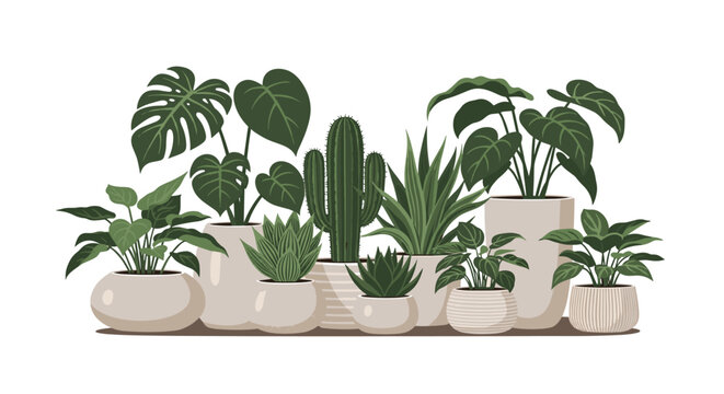 Collection of various green indoor potted plants including monstera cactus and succulents on a white background.