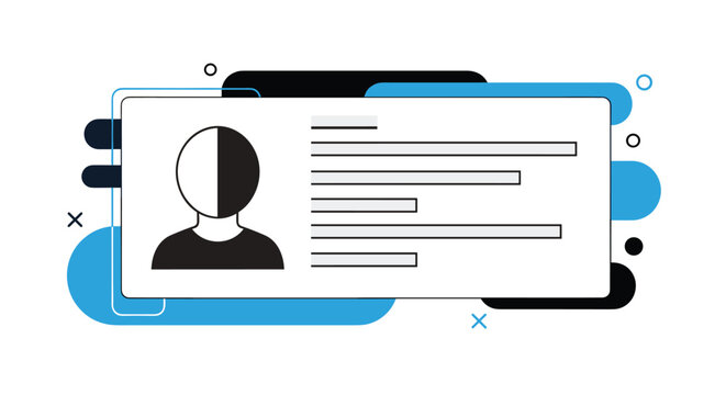 Digital user profile card with a portrait icon and text lines for personal identity and resume overview concepts.