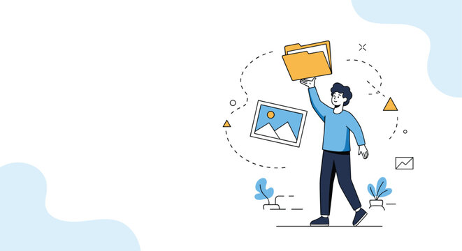 Professional man carrying a large folder while walking past floating digital images and various geometric shapes.