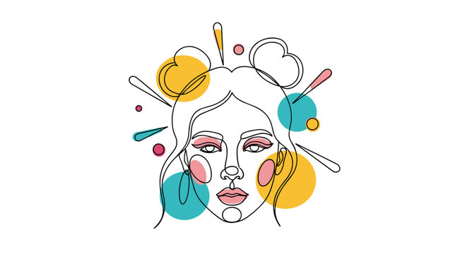 Artistic continuous line drawing of a woman face decorated with colorful circles and abstract geometric shapes.