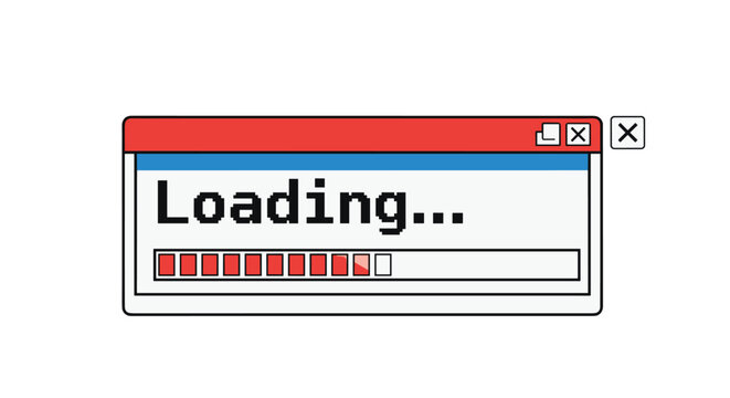 Retro pixel art style computer window showing a red loading progress bar with the word Loading in the center.