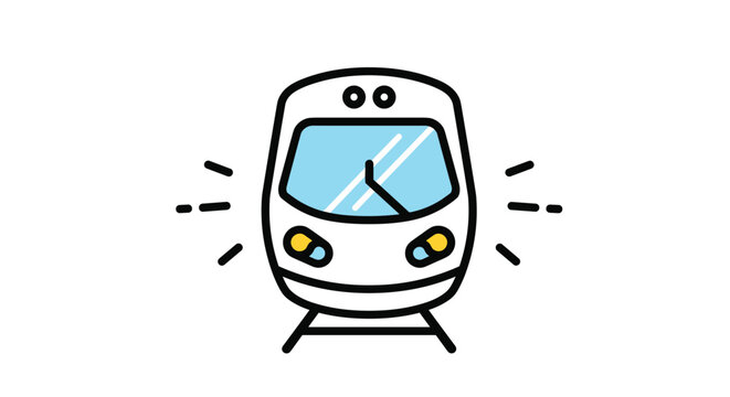 Simplified vector illustration of a modern high speed train engine front view with headlights glowing.