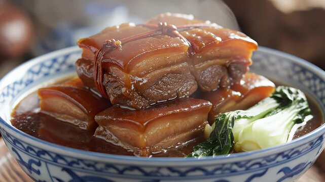 Braised pork belly with boiled bok choy in a savory sauce served in a blue and white bowl