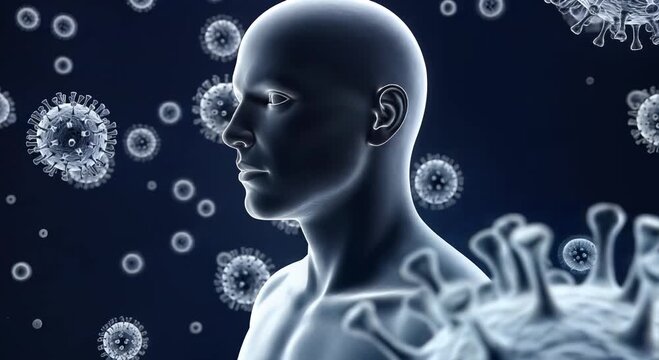 blue human silhouette with virus particles - science concept video