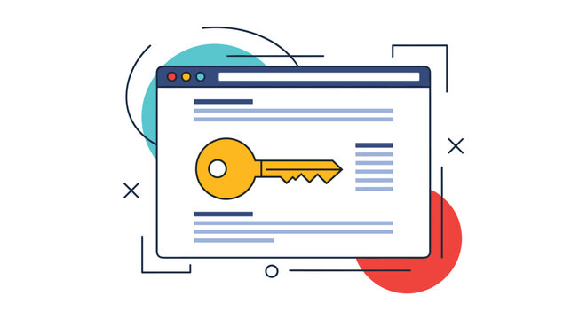 Internet security concept showing a web browser window with a large golden key symbol representing privacy and account safety.
