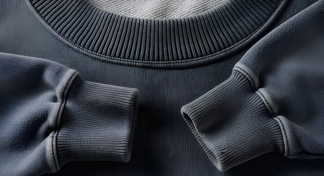 Close-up of a dark grey crew neck sweatshirt, ribbed cuffs and neckline