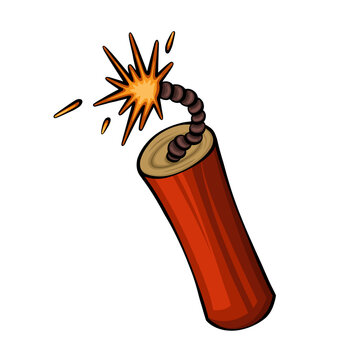 Red Cartoon Dynamite Stick with Burning Fuse and Sparking Flame Isolated on Black Background for Creative Explosion Graphic Design