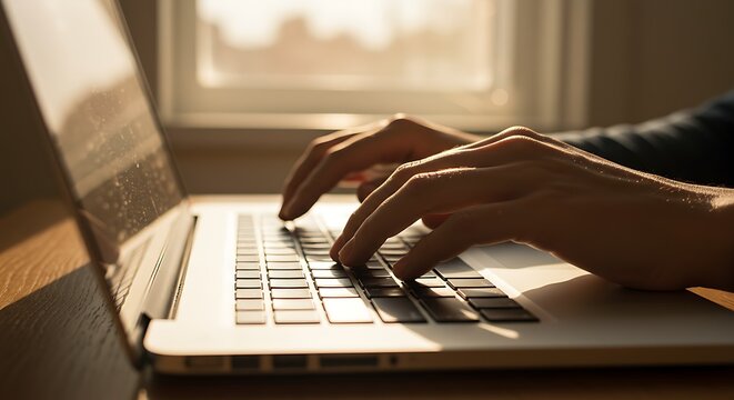 Hands typing on laptop keyboard near window backlit by sunlight