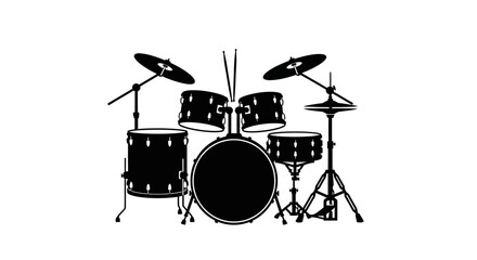Black and white vector illustration of a drum set with cymbals and stands isolated in a studio style for music and rock performance themes © Rizky
