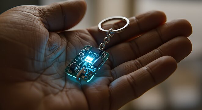 Hand holding illuminated circuit board keychain close up view