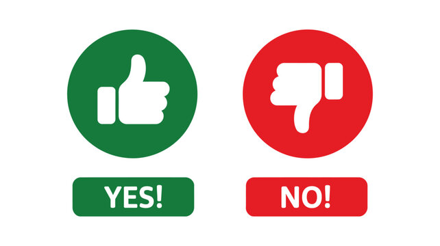 Yes and no button with thumbs up and thumbs down icons, set of like and dislike UI elements representing agree and disagree choices for apps