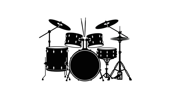 Black and white vector illustration of a drum set with cymbals and stands isolated in a studio style for music and rock performance themes