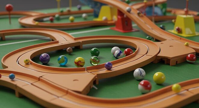 Marble run track with colored marbles on a green surface