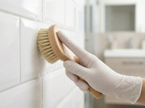 gloved hand scrubs white ceramic bathroom tiles with wooden-bristled brush, tackling grout and stains. Close-up evokes cleanliness, hygiene, home care, maintenance nd effective manual cleaning routine