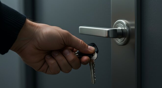Human hand holding keys unlocking door handle close up view