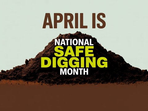 April is national safe digging month with a pile of dirt on a light green background