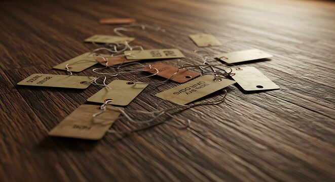 Overhead view of scattered paper tags with string on textured wooden surface