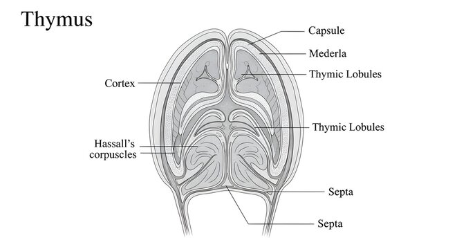 Simplified structural illustration of the thymus gland depicting surrounding capsule, septa, cortical and medullary regions, thymic lobules and Hassall&rsquo;s corpuscles to explain organization of this pri