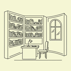 Minimal line of a study room with bookshelves desk and chair line minimal study room lamp © SHAHIN