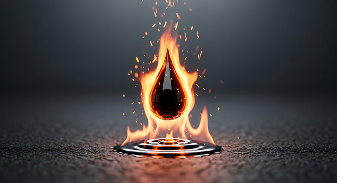 A single drop of black oil burning intensely with flames and sparks on a dark, textured surface.