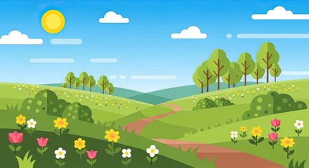 Naklejka premium Cartoon landscape illustration with trees hills sky and flowers perfect background
