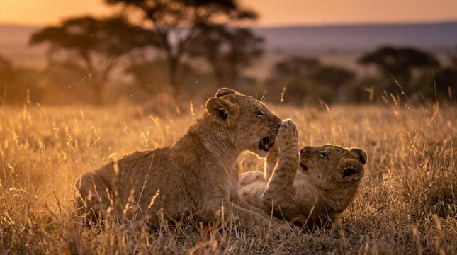 Playful lion cubs frolic in the golden light of the African savanna, embodying the wild spirit of nature