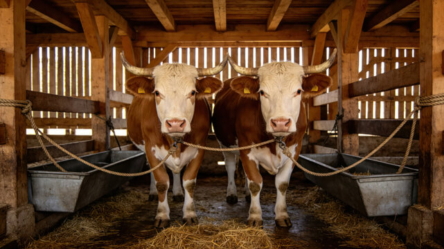 Two Simmental Bulls in a Traditional Wooden Stable