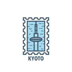 Fototapeta premium Vector stamp of Kyoto, Japan skyscraper, tower, landmark, city symbol. Thin line pictogram, skyline emblem, logo, icon graphic. Flat, blue, cool