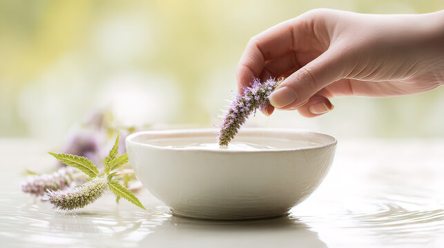 hyssop. A hyssop branch being dipped into a ceramic bowl of clear water. event programs, museum guides, designed for cultural heritage projects and event programs.
