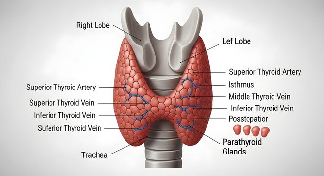 Anterior anatomical illustration of the thyroid gland showing right and left lobes, isthmus, superior and inferior thyroid vessels, tracheal relation and four parathyroid glands for detailed cervical 
