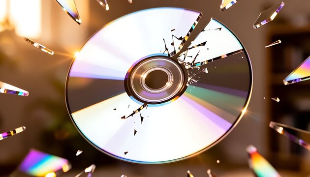 A broken CD. Shards and cracks are visible, extending from the center of the disc.