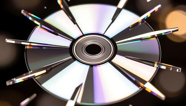 a disk with metal rays spreading out from the center. The disk has a reflective surface. The background is blurred.