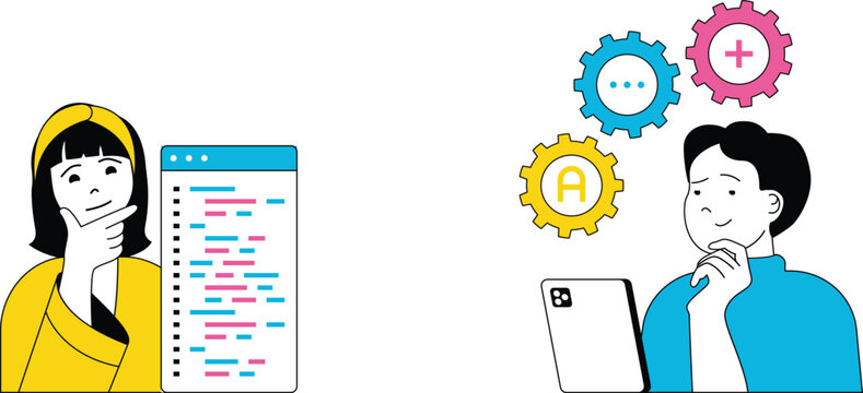 Two individuals pondering over code and software development concepts with visual gears representing technology ideas and solutions