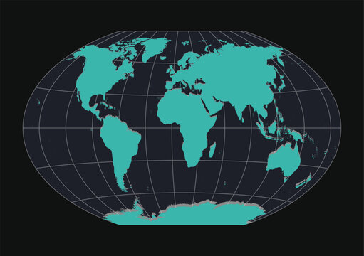 Flat world map illustration featuring teal continents on dark background with white global grid lines