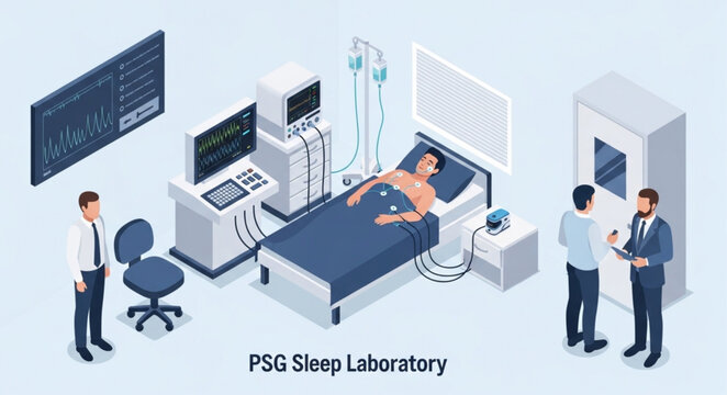 Polysomnography Sleep Laboratory Illustration with Patient and Medical Staff.