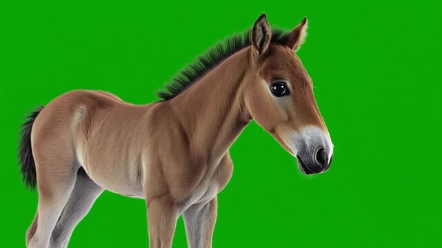 Young brown foal standing in bright green field with soft natural lighting