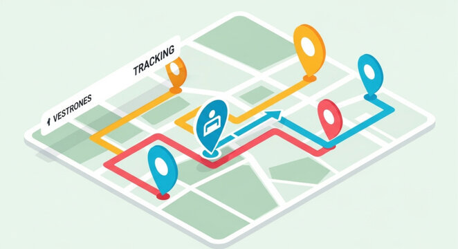 Isometric Map with Route Tracking and Navigation Pins for Delivery.