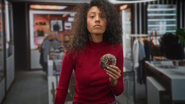 Woman with curly hair holding chocolate doughnut covered in sprinkles, finger to lips for silence in building retail store; restraint and temptation.