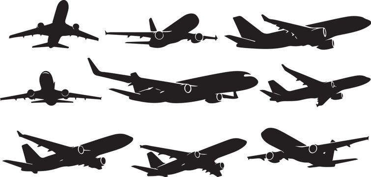 Silhouettes of airplanes in various flight positions and angles