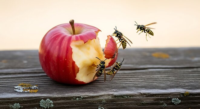 Wasps flying around a bitten red apple on a wooden surface outdoors